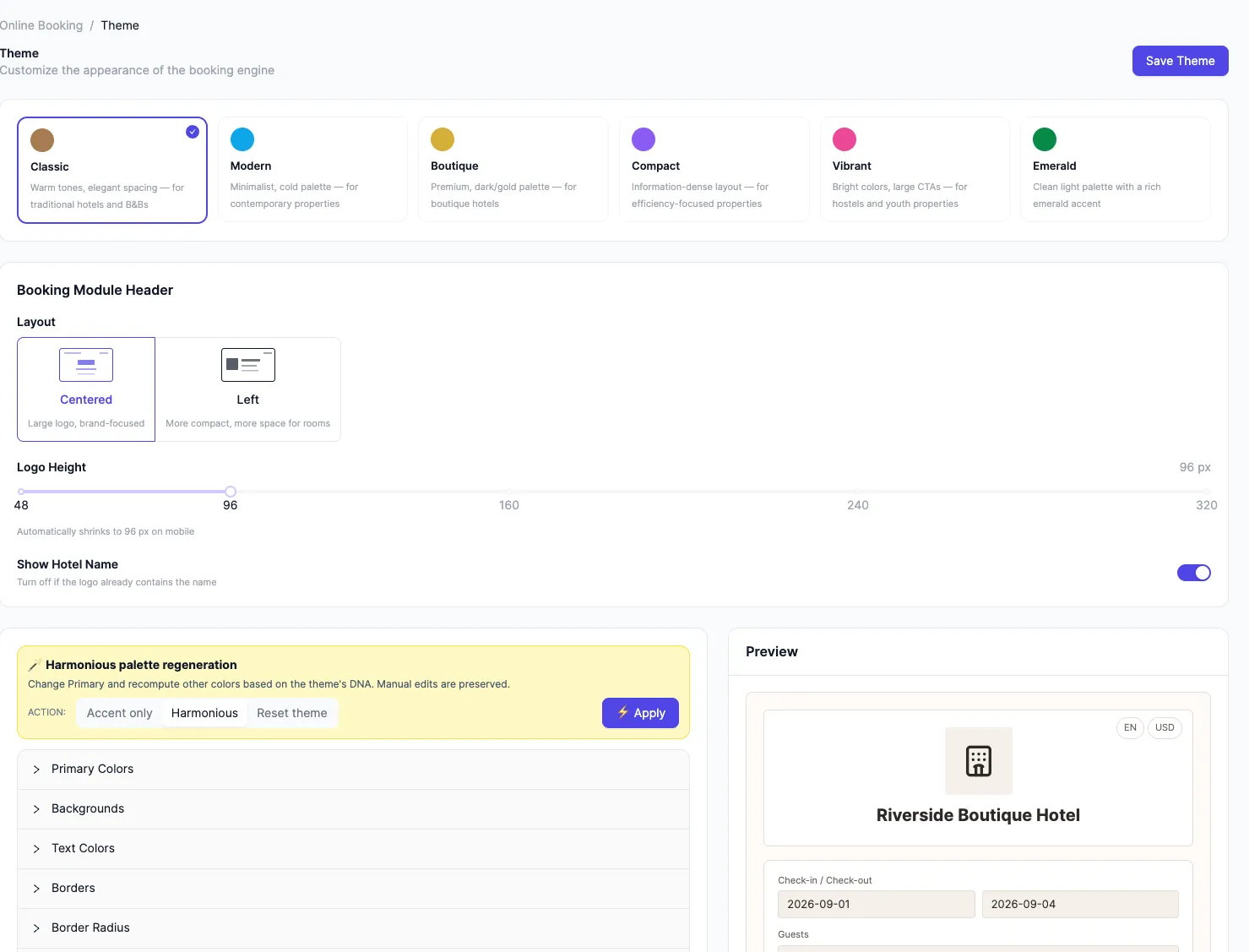 Booking module appearance settings: the six ready-made themes, the module header options, and the live widget preview