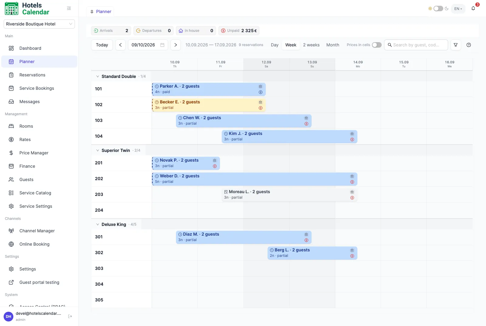 The Planner in "Week" mode: bookings across room types; the bars show the guest, payment marks, and the channel icon