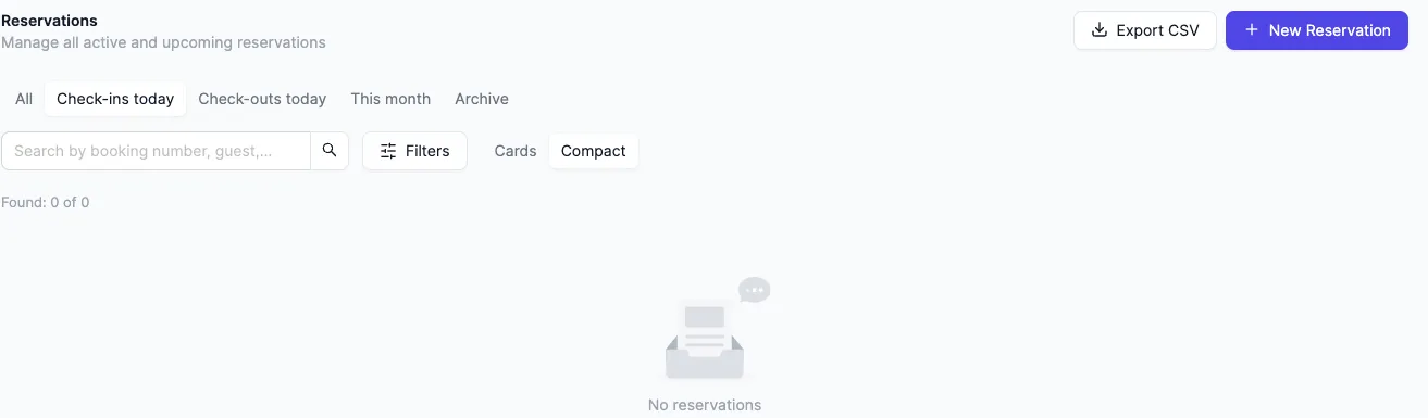 The bookings list with the "Arrivals today" quick filter on: no arrivals on this date — the empty state