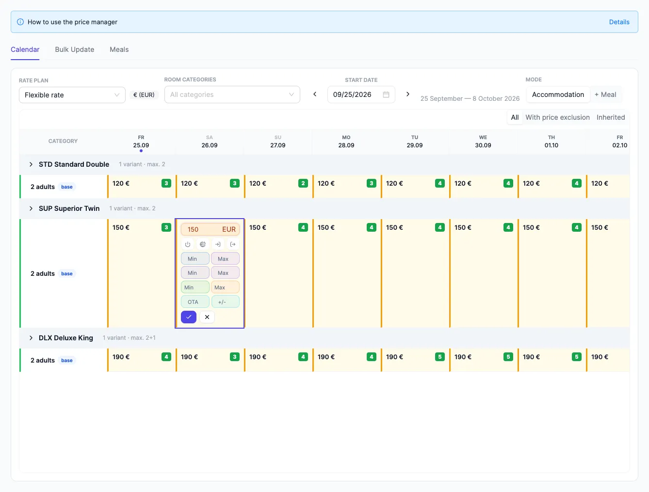 Price manager, Calendar tab: the price editor open right in a date cell