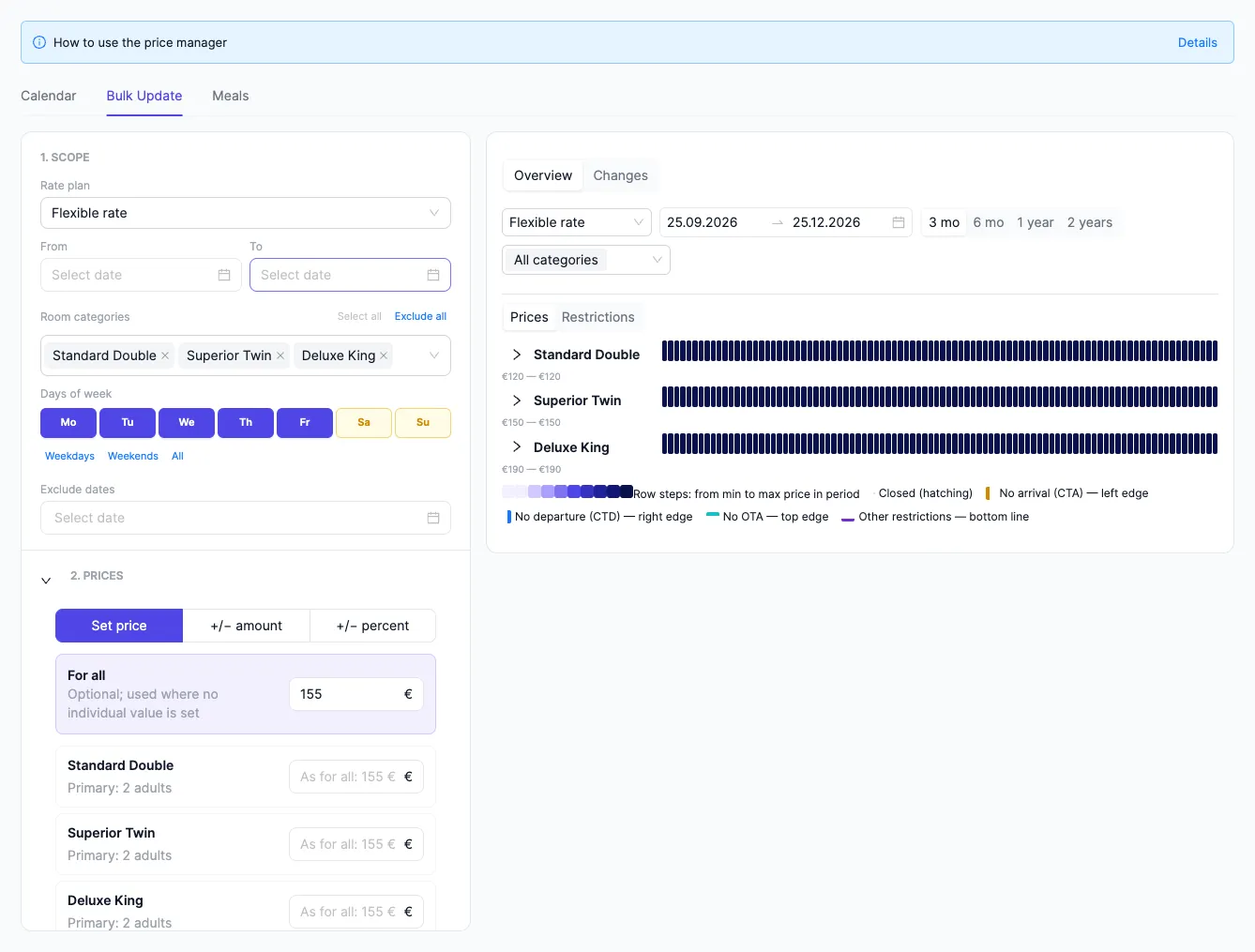Bulk update: scope and prices on the left, preview of the affected dates on the right