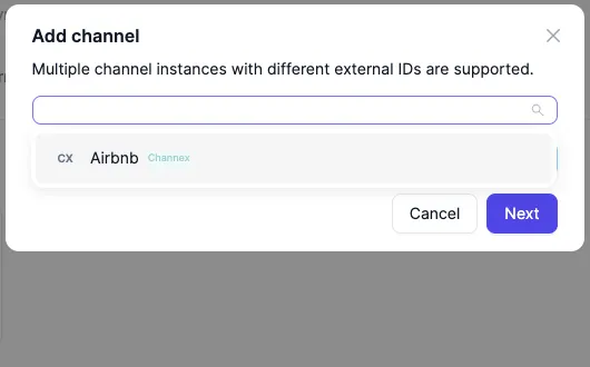 The "Add channel" dialog: the catalog search narrowed down to a single result — Airbnb (connected via Channex)