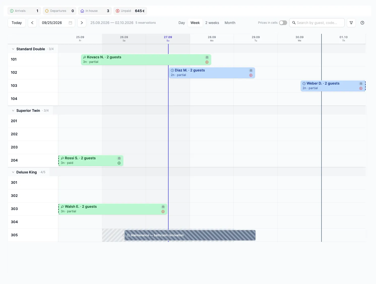 A new booking on the Planner: the booking bar in the row of the selected room, on the selected dates
