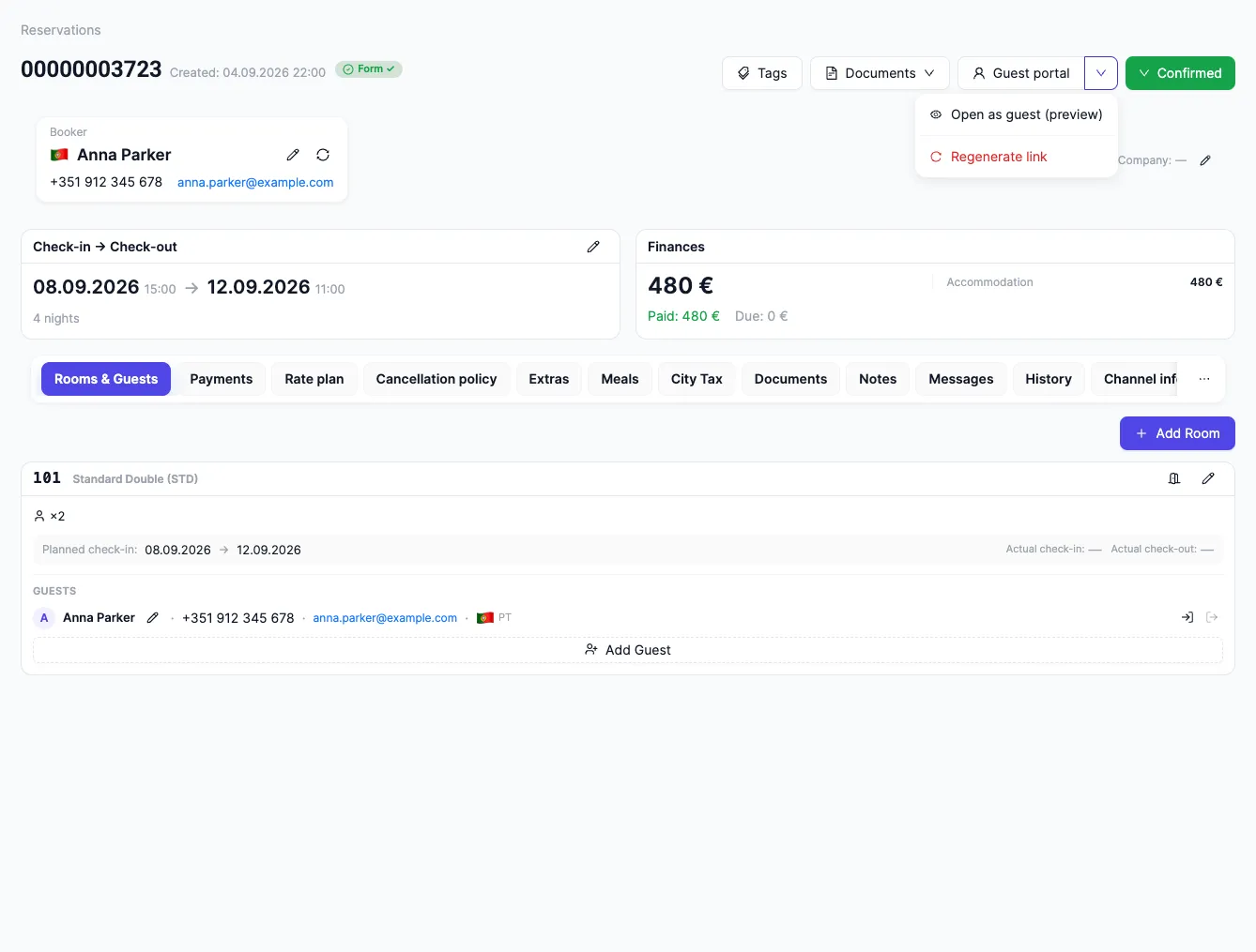Booking card: the menu of the "Guest Portal" button is open — the items "Open as guest (preview)" and "Regenerate link"
