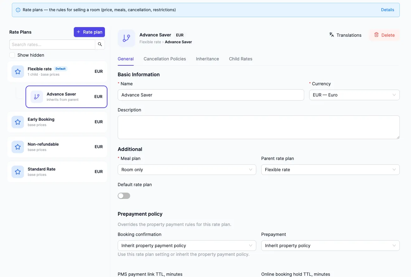 Rate plan tree: Flexible rate (the default) with its child rate plan Advance Saver "inherits from the parent"; the child rate card is open on the right